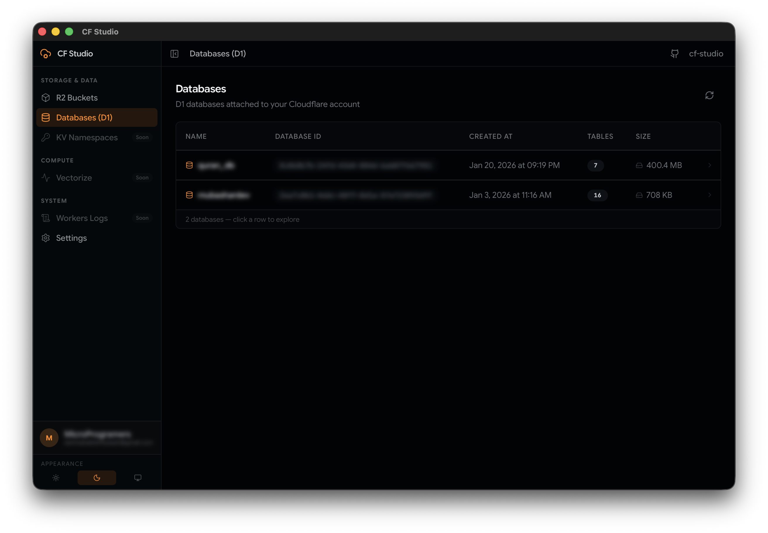 CFDesk D1 database list screen